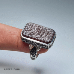 خاتم عقيق يدوي فاخر بحجر مستطيل ونقوش مميزة