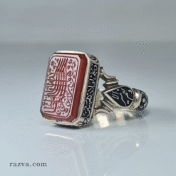 خاتم عقيق يماني مستطيل فضة مع نقوش للحماية