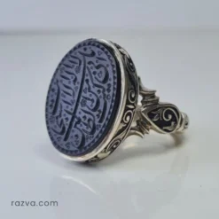 خاتم إسلامي رجالي من الفضة ٩٢٥ بحجر عقيق يماني أسود طبيعي