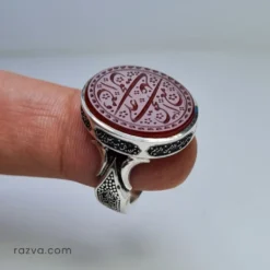 خاتم عقيق أحمر يماني رجالي من الفضة بنقش علي مع الحق