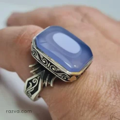 خاتم عقيق بنفسجي يماني رجالي من الفضة بتصميم مستطيل أنيق