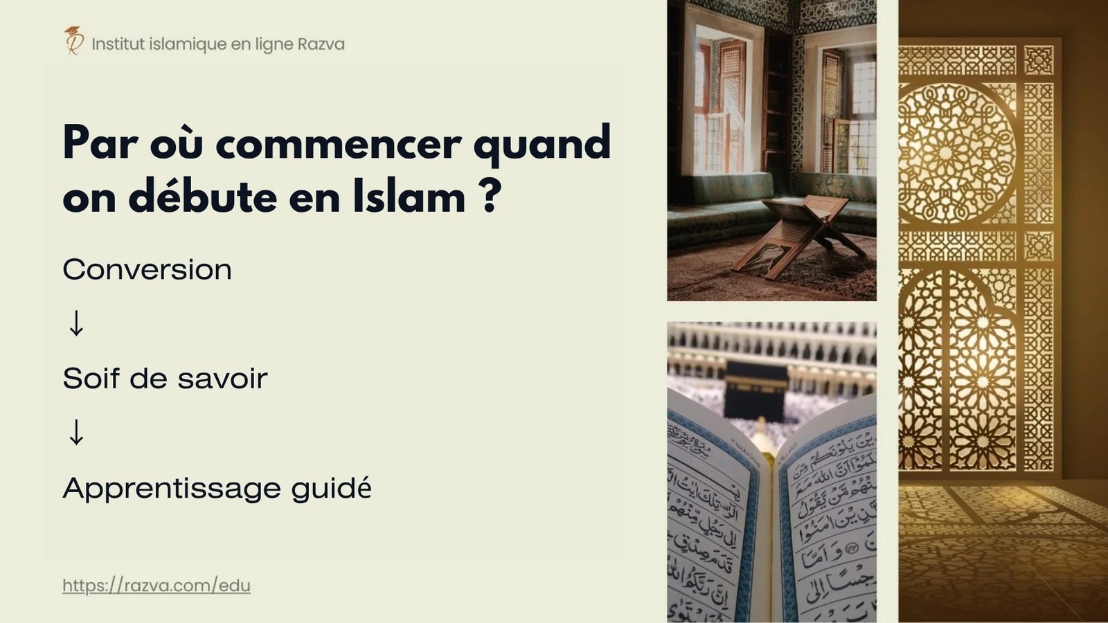 Jeune converti(e) à l’islam en train d’étudier sa religion avec un sourire de sérénité et un livre ouvert devant lui.
