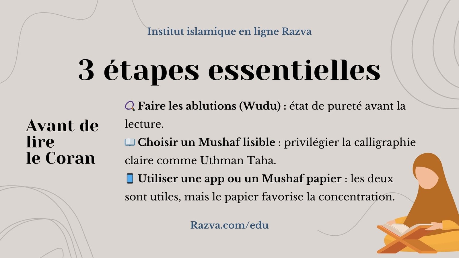 Un Coran ouvert sur un tapis de prière, avec une main en état d’ablution prête à lire — image illustrant le respect et la préparation spirituelle avant la récitation.