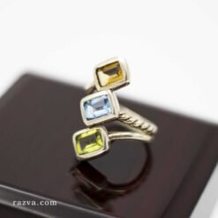 Bague femme en argent 925 avec trois pierres naturelles : citrine, topaze et péridot