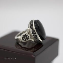 Bague en argent avec gravure islamique et pierre agate noire naturelle