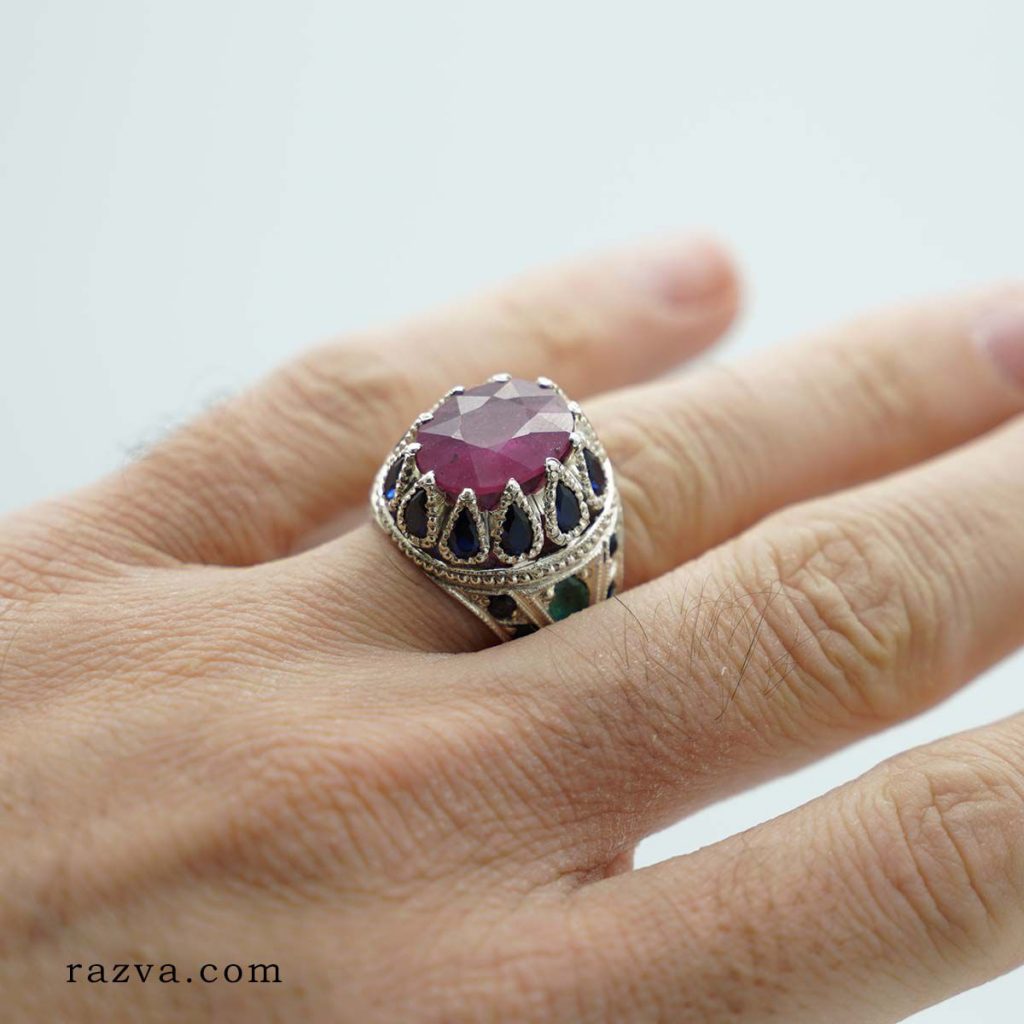 Bague En Argent Avec Rubis Et Saphirs - Style Vintage, Taille 52