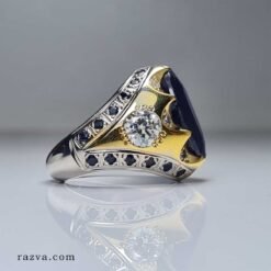 Bague de mariage artisanale pour homme en saphir bleu et argent doré
