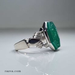 Bague islamique en argent 925 avec agate verte octogonale gravée