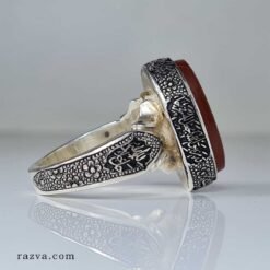Bague artisanale homme en argent 925 avec agate rouge gravée vérité et Ali (a)