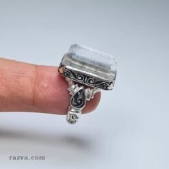 Bague religieuse musulmane en argent massif avec gravure islamique sur pierre transparente