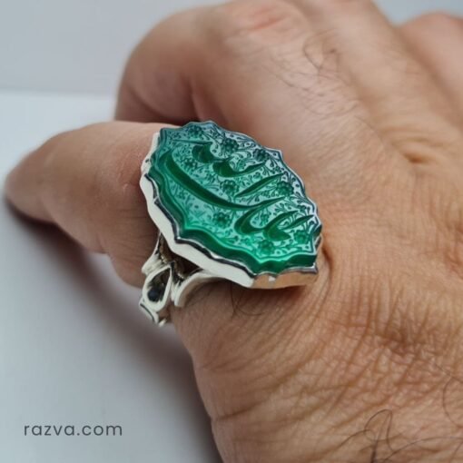 Bague argent 925 avec agate verte naturelle gravée de l’inscription islamique