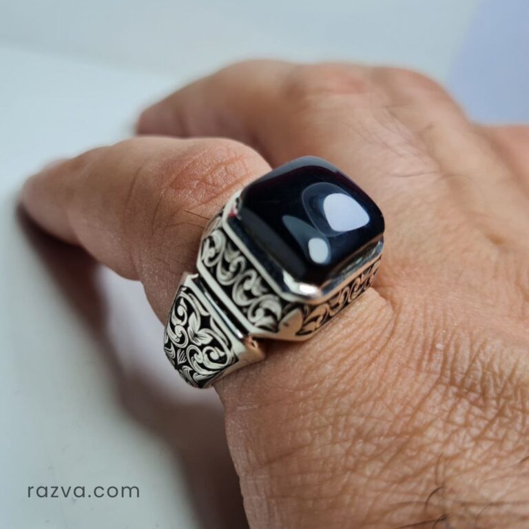 Bague Homme Argent 925 Et Obsidienne Noire - Style Punk/rock, Pierre D'onyx, Taille Réglable (Noir-7)
