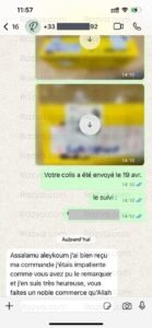 Témoignage d’une cliente satisfaite de sa commande reçue avec impatience – un commerce noble apprécié pour sa qualité et son service rapide.