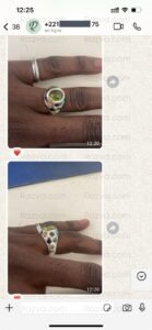 Bague en argent ornée d’un péridot central et de pierres multiples – avis client du Sénégal ravi de sa commande chez Razva.