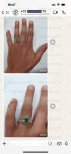 Zoom sur une bague verte en émeraude naturelle montée sur argent 925 – témoignage d’un client qui recommande chaudement notre boutique Razva.