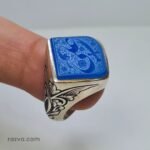 Bague artisanale en argent 925 avec décor floral et pierre bleue