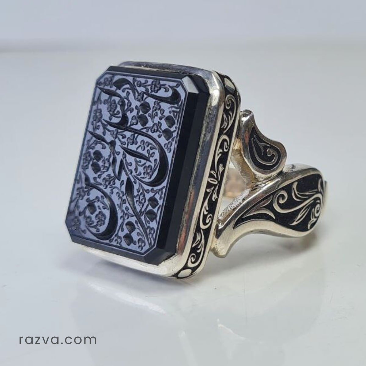 Bague musulmane pour homme personnalisable avec agate noire yéménite