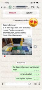 Commande d’un client en France : livres chiites, tapis de prière et écharpe homme – tout reçu avec satisfaction chez Razva.