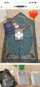 Commande complète d’un client en France : sajjadah termeh, turbah de l’Imam Hussein et livres islamiques – tout parfait avec un beau cadeau de Razva.