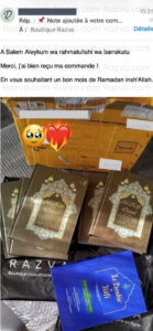 Avis client sur des livres Kafi en français avec Rawdat Kafi commandés chez Razva – colis bien reçu et satisfaction au rendez-vous.