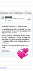 Avis client en France après réception d’une commande islamique chez Razva – articles en parfait état, cadeau apprécié et grande satisfaction.